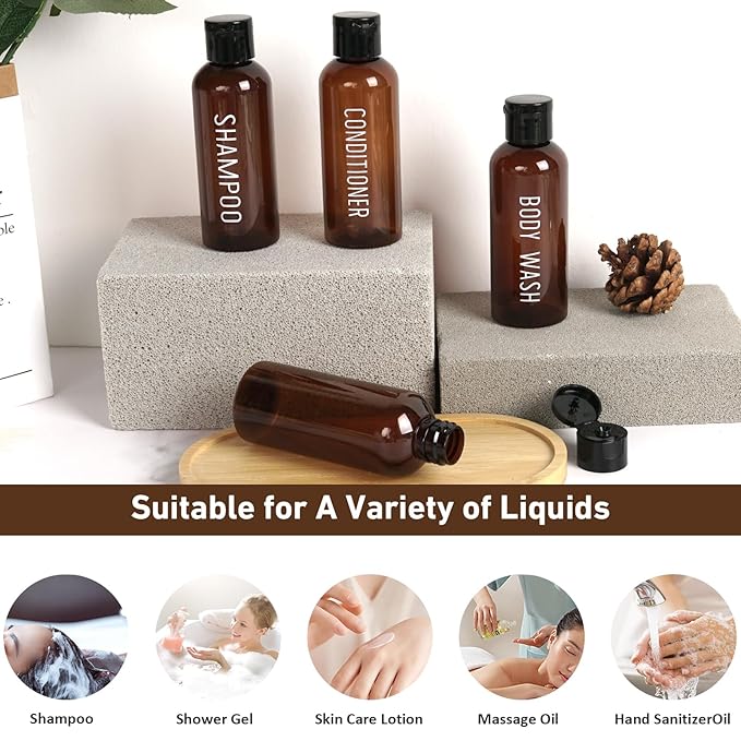 Travel Bottles for Toiletries 4 Pack 3.4oz/100ml TSA Approved Travel Size Containers Leak Proof Shampoo and Conditioner Bottles Plastic Squeeze Bottle(Brown)
