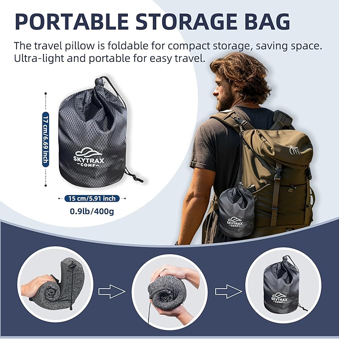 Travel Pillow with Extra Large Hood for Airplane Long Flights Privacy and Comfort Memory Foam with Skin-Friendly Cover for Road Trip Head&Neck Support for Plane Office Cars Sleeping & Rest (Grey)