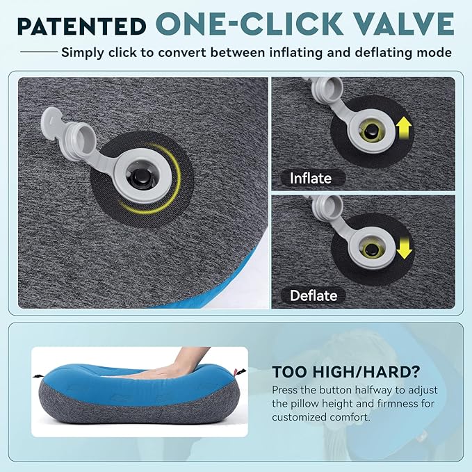 Hikenture Camping Pillow Ultralight, Inflatable Pillows with Removable Cover, Compact Portable Backpacking Pillow, Ergonomic Blow Up Camp Pillows, Washable Air Pillow for Hiking, Beach (Blue)