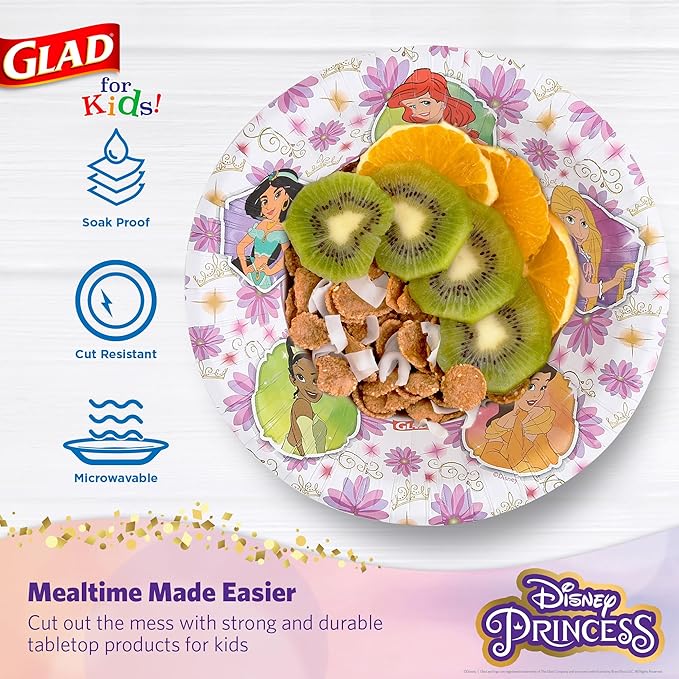 Glad for Kids Disney Princess Disposable Paper Bowls, Floral Frames - Heavy Duty, Soak Proof, Microwavable, Kid-Friendly Snack Bowls for Everyday Use, 12 Ounce, 40 Count