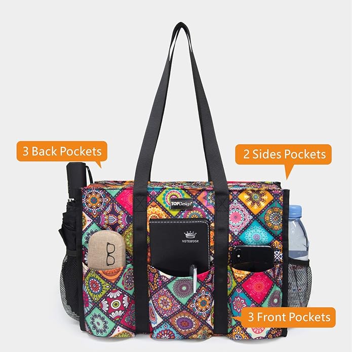 TOPDesign Utility Water Resistant Tote Bag with 13 Pockets, Top Zipper Closure & Thick Bottom Support, for Working Women