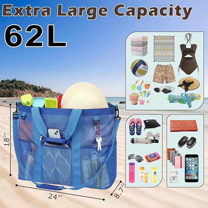 Mesh Beach Bag, Large Beach Tote with Zipper Pocket for Family Pool Bag for Toys & Vacation Essentials