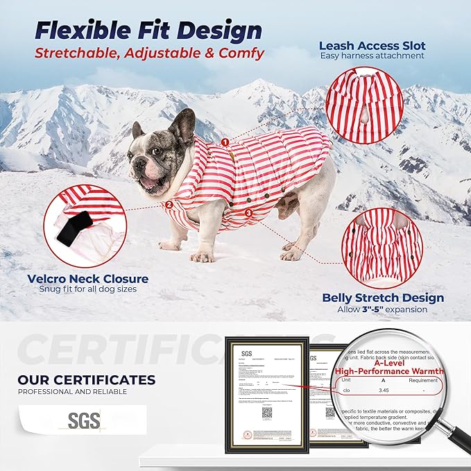 SPACE LION Dog Puffer Jacket, Down Winter Coat, Durable Outdoor Coat for Cold and Windy Conditions, Lightweight & Adjustable Fit Coats for Large Dogs, (RedStripe, Size24/2XL)