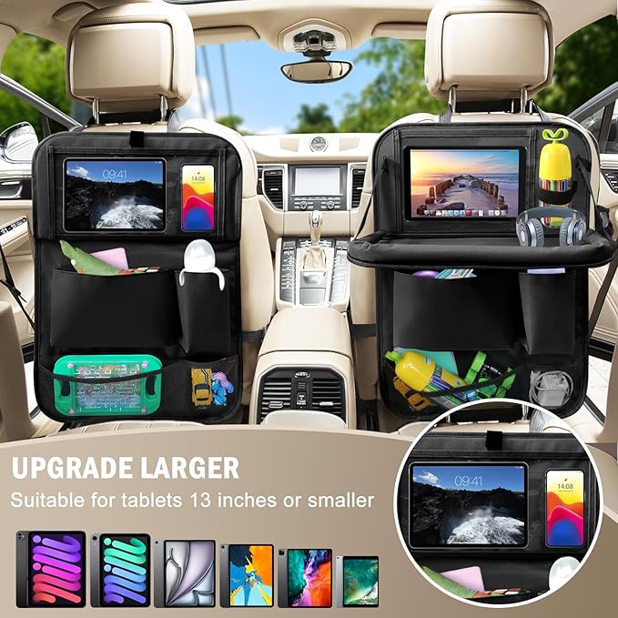 2Pack Car Backseat Organizer with Foldable Table Tray,6 Storage Pockets Car Storage Organizer with Tablet Holder,Car Seat Back Protectors Kick Mats Travel Accessories (Black)