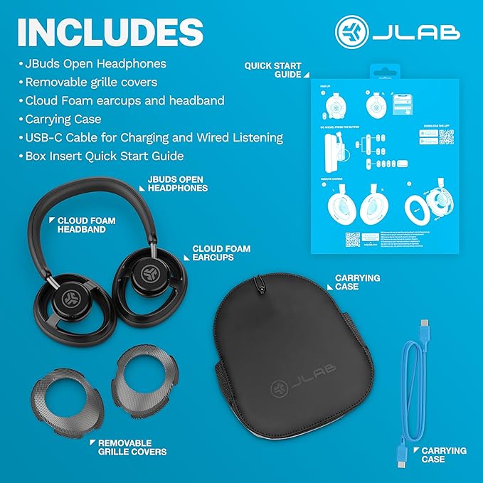 JLab JBuds Open Wireless Headphones, Black, Open-Back, Immersive Sound, Dual Coaxial 35mm + 12mm Drivers, Comfortable Breathable Open Fit, All Day Listening 24 Hour Playtime, Customize App