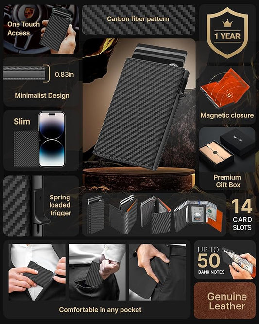 typecase Mens Wallet Card Holder: Pop Up Aluminum Case, Carbon Fiber Leather, Smart, RFID Blocking, Slim, Minimalist, Front Pocket - 9-14 Card Capacity | ID Window | Cash Slot (Orange)