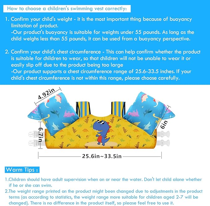 Chriffer Kids Swim Vest Life Jacket for 30-55 Pounds Boys and Girls, Toddler Floaties with Shoulder Harness Arm Wings for 2,3,4,5,6,7 Years Old Baby
