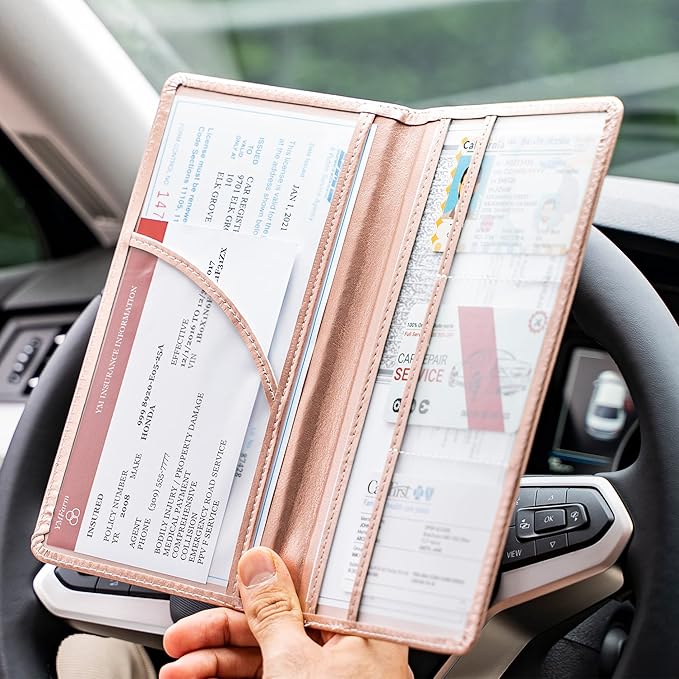 CANOPUS Car Registration and Insurance Holder, PU Leather Card Holder, Vehicle Glove Box Organizer for Auto, SUV, Truck, Rose Gold