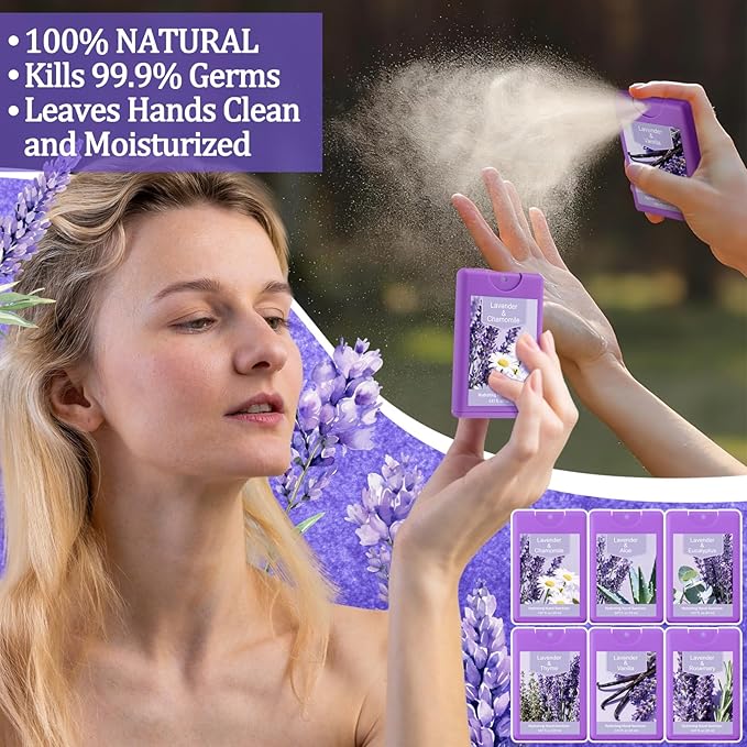 6 Pcs Hand Sanitizer Spray Lavender Scented Hydrating Hand Sanitizer Travel Size Portable Cleans Hands Sanitizing for Travel Adults Office Team Family School