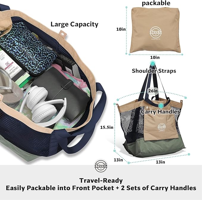 STOVER Large Mesh Beach Bag, Vacation, Pool, Shopping, & Travel Tote - Foldable w/Storage Pockets for Women, Men & Families