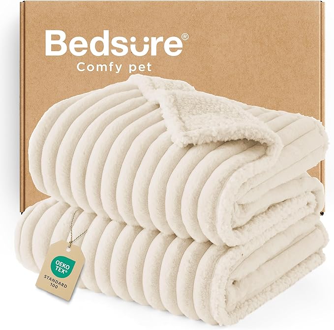 Bedsure Waterproof Dog Blankets for Large Dogs - Soft Pet Cat Blanket Corduroy Fleece for Couch Bed Protector Washable, Cozy Calming Reversible Furniture Protection for Puppy,50"x60", Cream