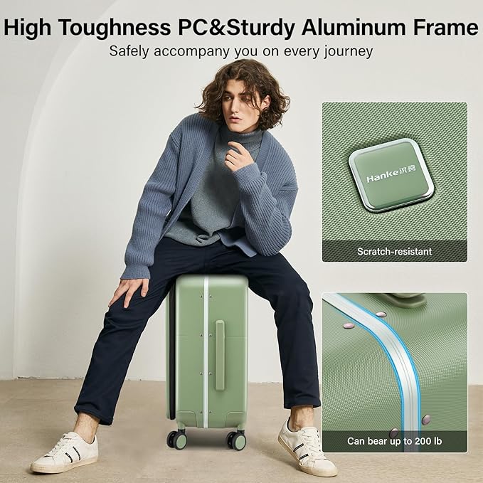 Hanke 28 Inch Luggage with Cup Holder and Charge,Top Opening Hard Shell Suitcases with Wheels and Dividers,Aluminum Frame Trunk Luggage Extra Large Suitcase with Lock for Travel，Bamboo Green