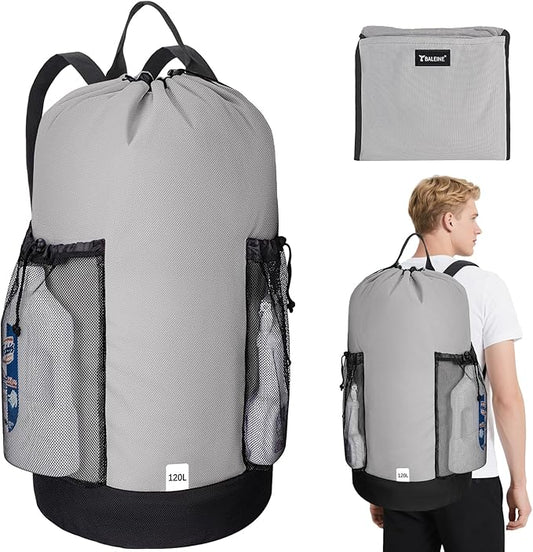 BALEINE 120L Laundry Bag Backpack, 900D Oxford Fabric Large Travel Laundry Bags with Shoulder Straps and 2 Mesh Pockets for College Dorm, Apartment, Laundromat (Gray, 120L)