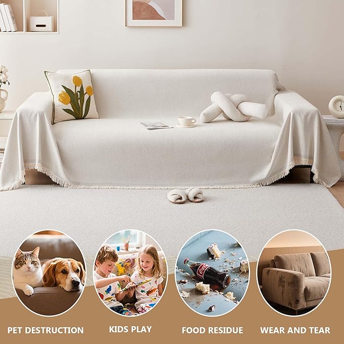 Boho Couch Cover for Pets, Couch Covers for 2 Cushion Couch Sofa Pet Friendly, Scratch Resistant & Non-Slip Sofa Covers Fits Love Seat, 71"x118", Beige