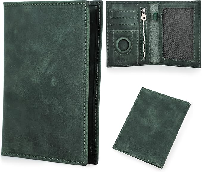 Top Grain Leather Single Travel Passport Wallet Holder for Man & Woman, Folio Design for Passport & Multi Cards, RFID Blocking Large Capacity for Passport/Cards/Checks/Bills/AirTag, Green