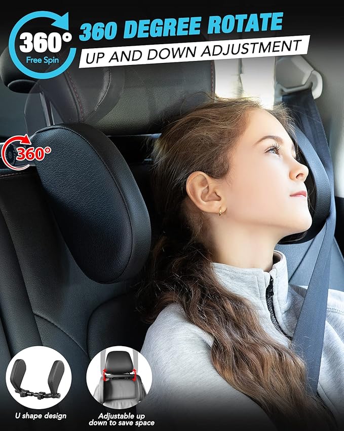 JZCreater Car Headrest Pillow, 180°Adjustable Head Neck Support Pillow, U- Shaped, Travel Sleeping Car Headrest, Only for Car Seat Headrest with Poles，Not Fit for Vehicle if The Seat Without 2 Poles