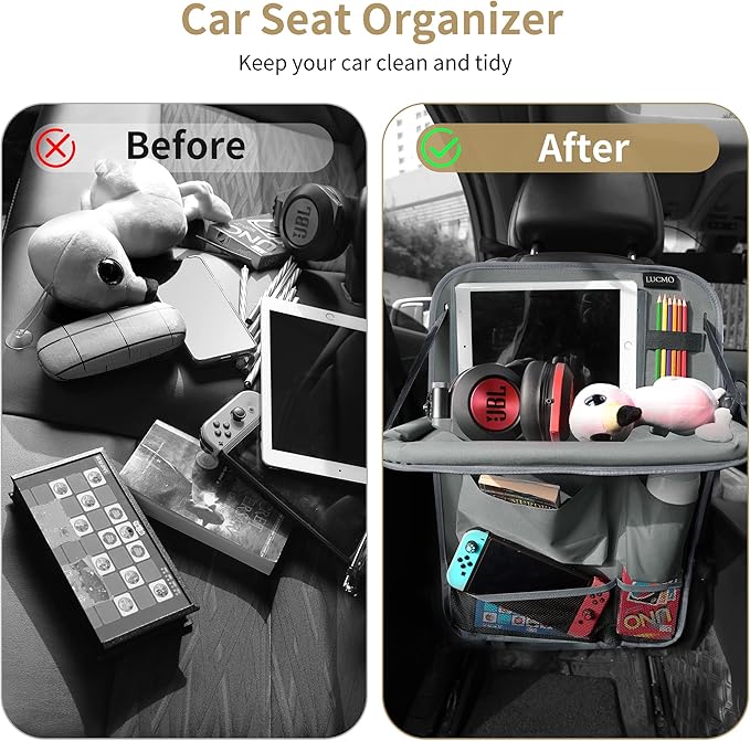 LUCMO Car Backseat Organizer with Tablet Holder,6 Storage Pockets Car Storage Organizer with Foldable Food Tray,Protectors Kick Mats Travel Accessories-Grey