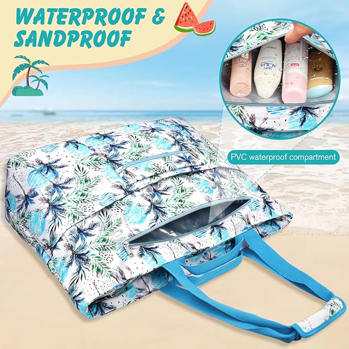 Extra Large Beach Bags for Women, Waterproof Sandproof Beach Tote Bag Zipper Foldable Swim Pool Bag with Wet Pocket
