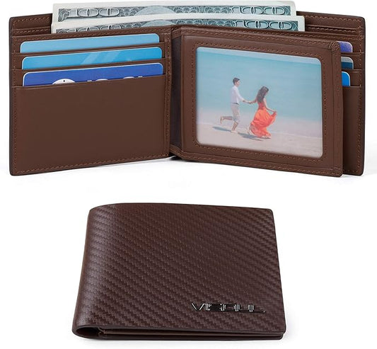 VISOUL Mens Carbon Fiber Leather Bifold Wallet with 2 ID Windows, RFID Blocking Stylish Wallet for Men with 2 Cash Compartments (Brown+Brown)