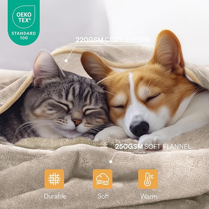 Luciphia Waterproof Pet Blanket, Liquid Pee Proof Dog Blanket for Sofa Bed Couch, Reversible Sherpa Fleece Furniture Protector Cover for Small Medium Large Dogs Cats, Khaki+Beige X-Large（85" x 57"）