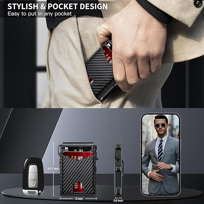 Airtag Wallet for Men, Mens Smart Wallet for Air Tag RFID Blocking, Minimalist Bifold Pop Up Aluminum Credit Card Case Holder 12+ Cards with ID Window, Gift for Men, No Airtag Included, Carbon Orange