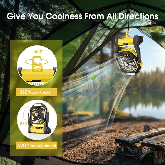 Portable Rechargeable Fan, 20000mAh Cordless Battery Powered Camping Tent Fans with SOS & LED Lantern, Small USB C Operated Outdoor Ventilador for Fishing Travel Camp Picnic Beach Office Desk Home