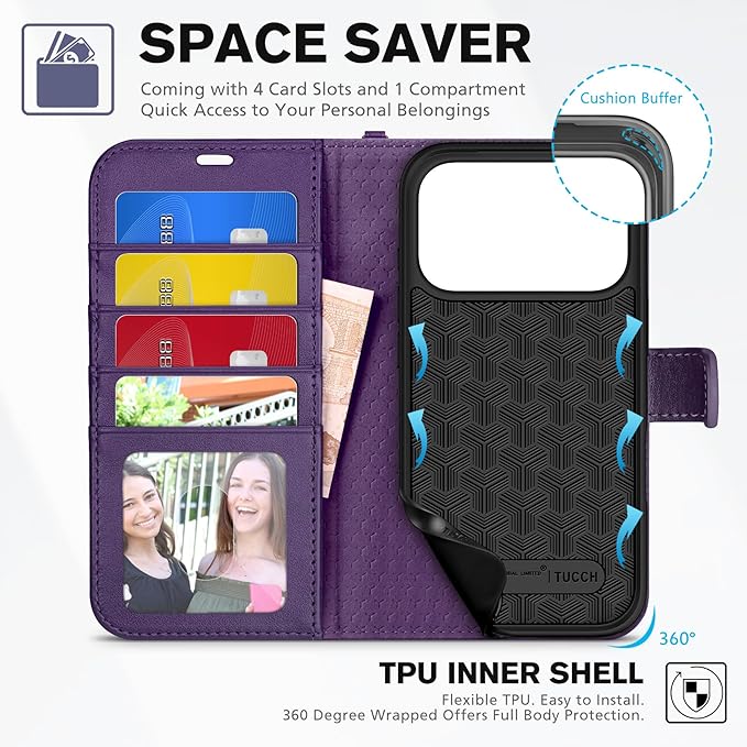 TUCCH Case Wallet for iPhone 17 Pro (6.3") 2025, Wrist Strap, Stand, RFID Blocking, 4 Card Holder, TPU Shockproof Shell, PU Leather, Magnetic Closure Folio Protective Cover, Deep Purple
