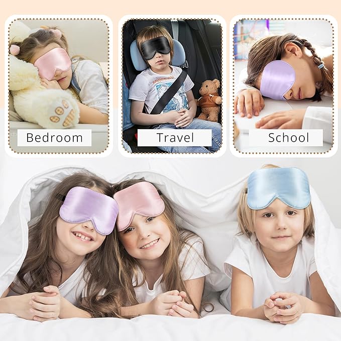 Kids Sleep Mask Eye Cover, 100% Real Natural Pure Silk Eye Mask with Adjustable Strap, Blindfold Kids Eye Mask for Sleeping, Eye Shade for Boys Girls and Adult, Pressure-Free Comfort (Black)