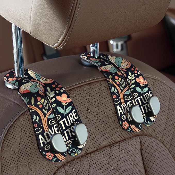 CoBak Purse Hook for Car - Universal Premium Stitched Leather and Aluminum-Magnesium Alloy Double Car Seat Back Storage Hook for Purses, Handbags, Bags (2 Pack),Wander Bloom