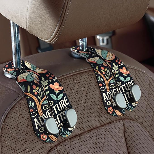 CoBak Purse Hook for Car - Universal Premium Stitched Leather and Aluminum-Magnesium Alloy Double Car Seat Back Storage Hook for Purses, Handbags, Bags (2 Pack),Wander Bloom