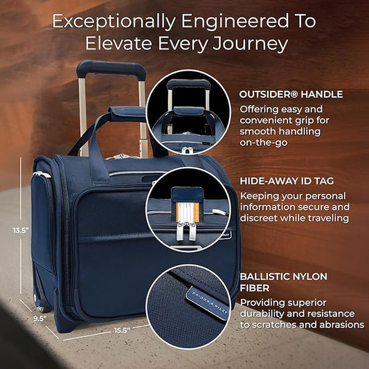 Briggs & Riley 2-Wheel Cabin Bag - Carry On Luggage for Travel, Suitcases with Wheels, Softside Rolling Bag for Men & Women, Interlocking Handle, Self-Repairing Zipper - Baseline Collection, Navy