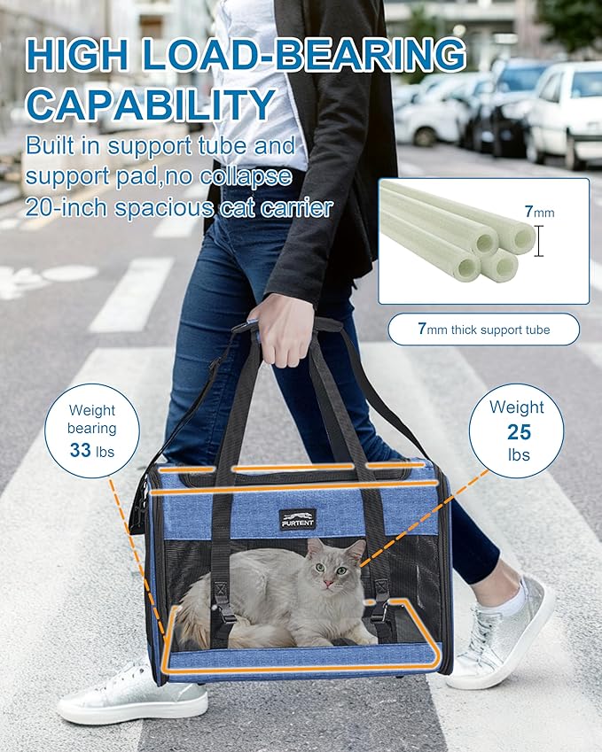 Soft-Sided Large Cat Carrier for 2 Cats, Spacious Foldable Pet Travel Carrier for Large Cats up to 25 Lbs, Double Cat Bag with Shoulder Strap, 20x13x13 Inch, Fits Maine Coon and Small Dogs, Blue