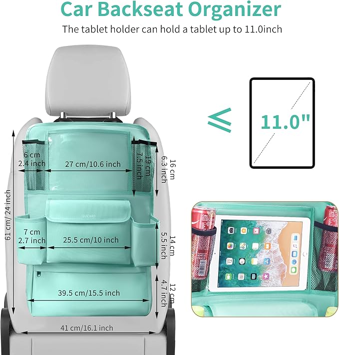 LUCMO Car Backseat Organizer with Touch Screen Tablet Holder,9 Storage Pockets Car Storage Organizer,Protectors Kick Mats Travel Accessories for Kids-Light Blue