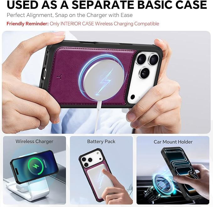 TUCCH Detachable Case Wallet for iPhone 17 Pro Max (6.9") 2025, Wrist Strap | 4 Card Slots RFID Blocking | Wireless Charging | Stand | 2-in-1 Magnetic | PU Leather | Shockproof Cover | Plum Purple