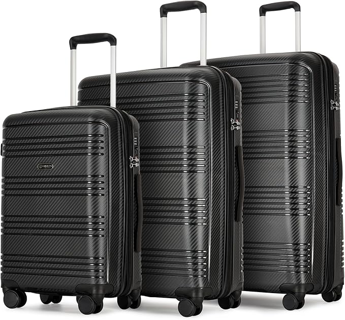 GinzaTravel 3 Piece Expandable Luggage Sets PP Hardshell Lightweight Suitcase sets with Spinner Wheels STSA Lock, 20/25/29inch, Black