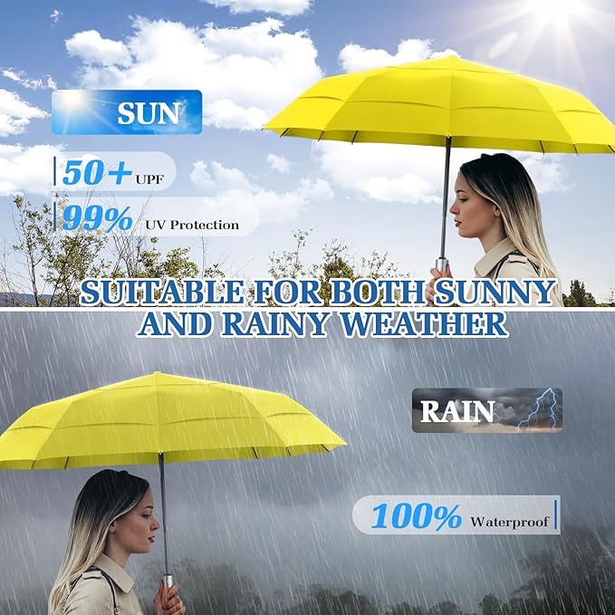 Umbrellas for Rain, 47" Large Windproof Travel Umbrella, Triple-Layer Vented Canopy, 10 Fiberglass Ribs, Auto Open Close Compact Umbrella, Wooden Handle, Heavy Duty for Commute, Gifts for Men & Women