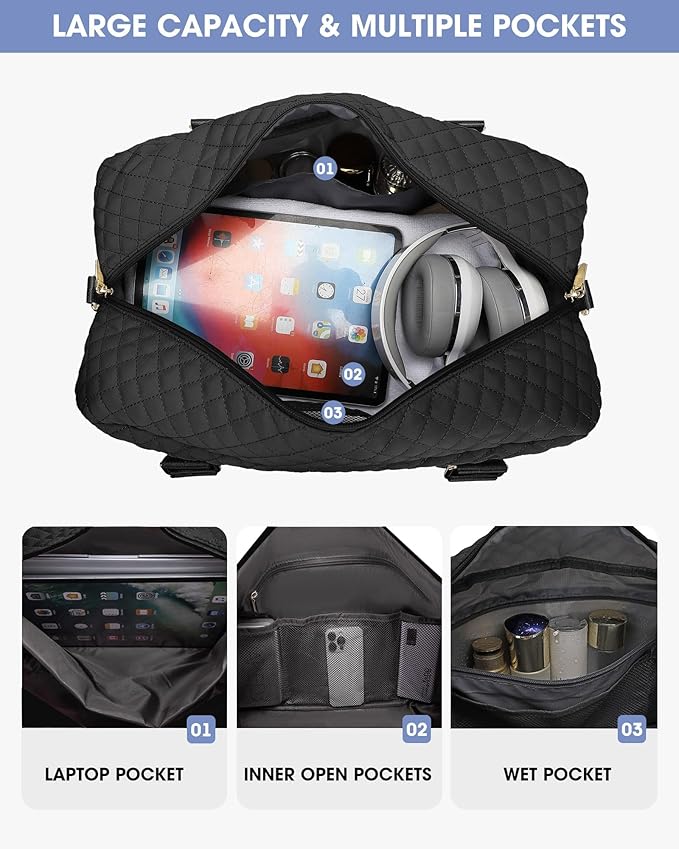 Women Weekender Travel Duffle Bag: Large Overnight Bags with Shoe Compartment Carry on Bags with Toiletry Bag Weekend Yoga Gym Bag with Wet Pocket Travel Duffel Tote Bag Hospital Bag Black