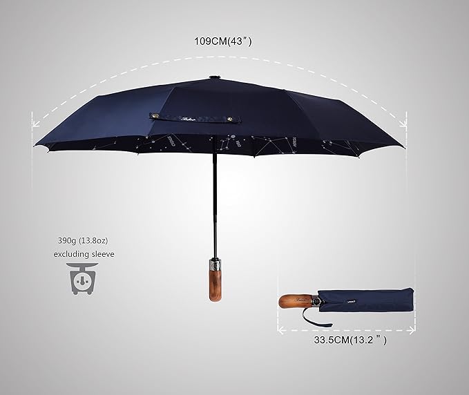 Balios (Designed in UK) Umbrella Handmade Real Wood Handle-Dark Navy with Sophisticated Constellation Interior Pattern-Windproof Fiberglass Auto Open Close Folding-300T Finest Fabric