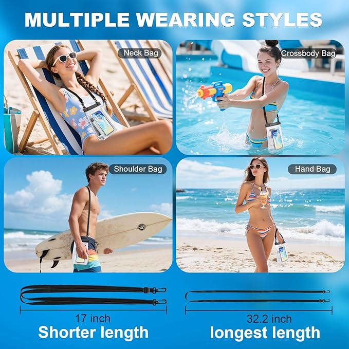 2 Pack Large Waterproof Phone Pouch, Waterproof Phone Case for iPhone 16 15 14 13 Pro Max Galaxy S25 S24 All Devices, IPX8 Double Sealing, Floating Water Proof Bag for Beach Water Park