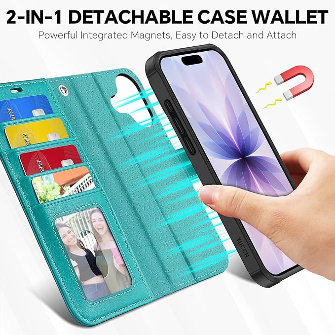 TUCCH Detachable Case Wallet for iPhone 17 (6.3") 2025, Wrist Strap | 4 Card Slots RFID Blocking | Wireless Charging | Stand | 2-in-1 Magnetic | PU Leather | Shockproof Folio Cover | Cyan