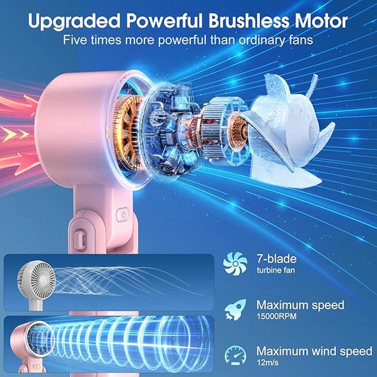 WHATOOK Portable Handheld Fan: Personal Fans with Air Turbo Tech, 5 Speeds Led Display, USB Rechargeable Battery Powered, 12 Hours Max, Mini Fan for Makeup, Concerts, Beaches, Travel (Pink)