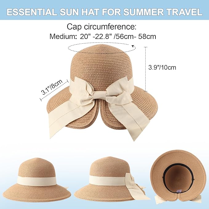 DRESHOW Sun Hats for Women Travel Fedora Foldable Beach Sun Hat Summer Wide Brim Straw Bucket Hat with Bowknot UPF 50+