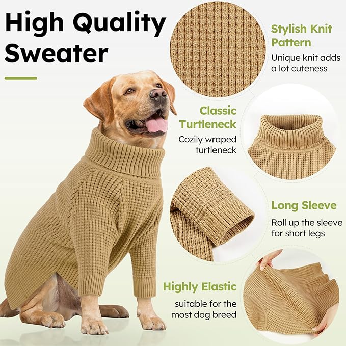 Queenmore Small Dog Sweater, Long Sleeve Pet Sweater with Check Pattern, Fall Winter Warm Dog Sweaters for Small Dogs, Solid Cat Sweaters, Brown S