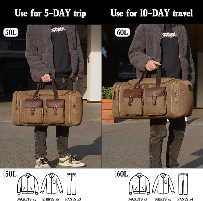 Canvas Duffle Bag for Men 60L Travel Duffel Bags Expandable Genuine Leather Duffel Overnight Weekender Carry On Bag Two Zipper Pockets Travel Bag (Coffee, X Large-60L)