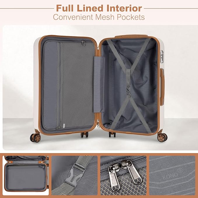 Kono 28 Inch Luggage Large checked Lightweight Hardside Suitcase with Spinner Wheels & Built-in TSA Lock, Cream White