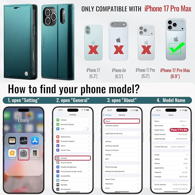 PlusnapX Wallet Case for iPhone 17 Pro Max Compatible with Magsafe, 2-in-1 PU Leather Flip RFID Blocking Card Holder Stand Shockproof Magnetic Detachable Cover for iPhone 17 Pro Max 6.9", Bluegreen