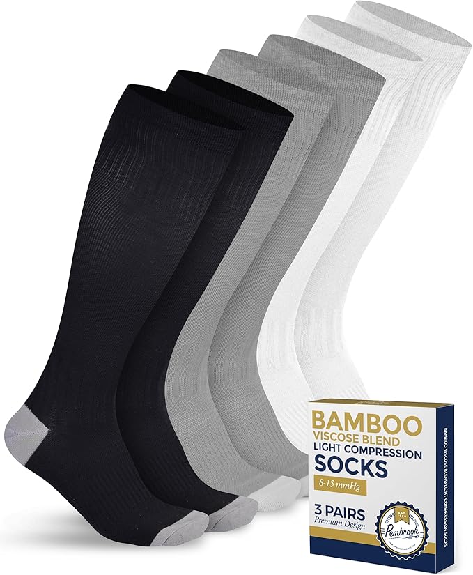 Pembrook Bamboo Viscose Light Compression Socks - 3 Pairs | 8-15 mmhg Compression Socks | Knee High Comfort Support Socks