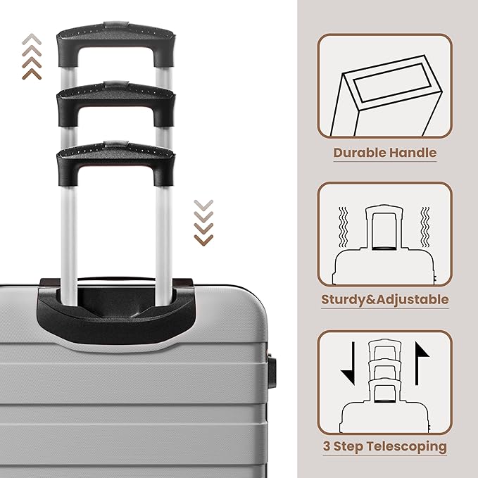 AnyZip Luggage Sets 3 Piece Hardshell Suitcase Set PC ABS Lightweight Travel Suitcases with 4 Double Spinner Wheels TSA Lock 20 24 28 Inch Silver