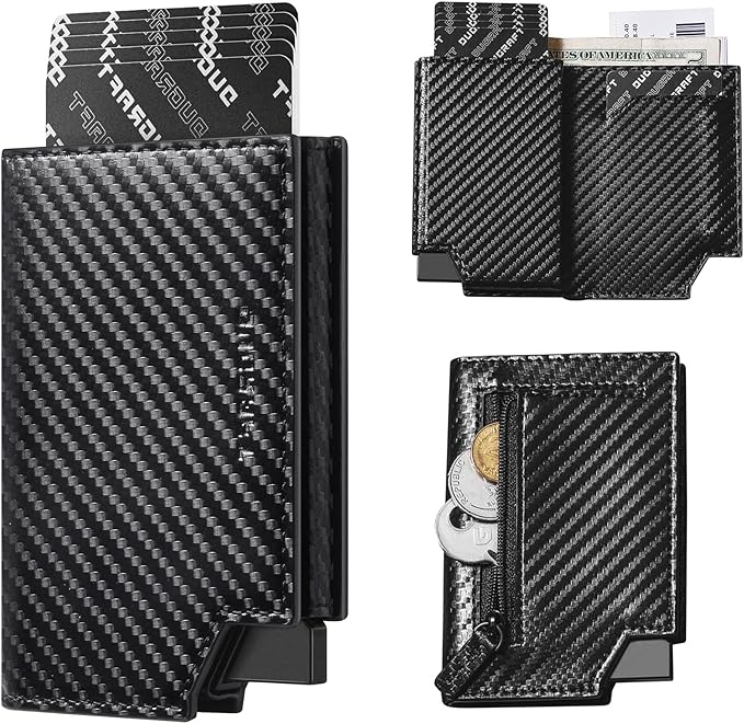 DUGRAFT Bifold Pop Up Wallet for Men, Slim Leather Credit Card Holder with Zipper Minimalist Women Magnetic Cash Coins Pocket Wallets RFID Blocking(CF Black)