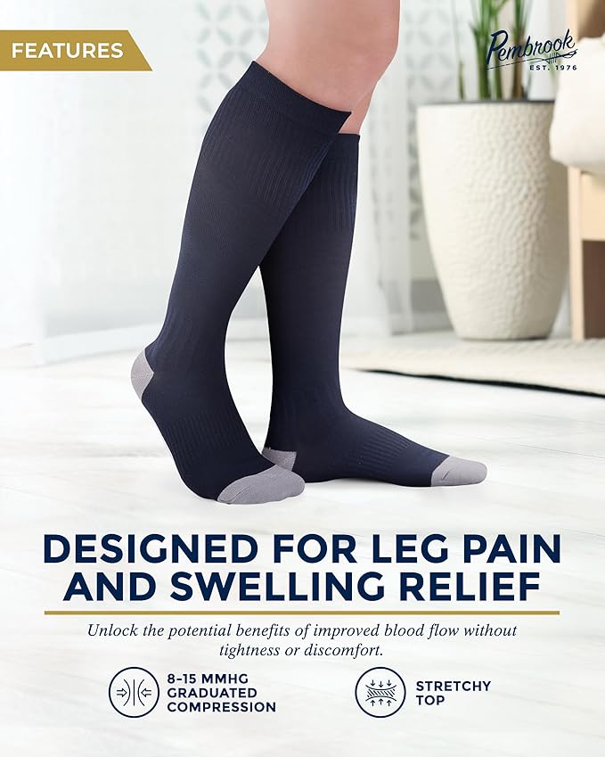 Pembrook Bamboo Viscose Light Compression Socks - 3 Pairs | 8-15 mmhg Compression Socks | Knee High Comfort Support Socks